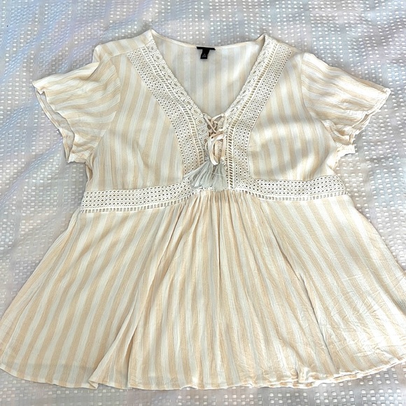 torrid Tops - Torrid rayon short sleeve blouse with a cotton crocheted front